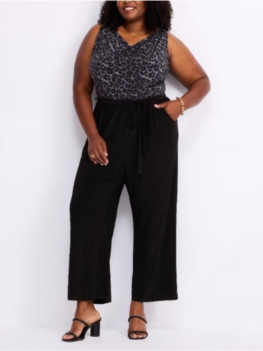 NWT Gilli Sleeveless Cowl Neck Wide Leg Jumpsuit Black w/ Gray Leopard Size XLP